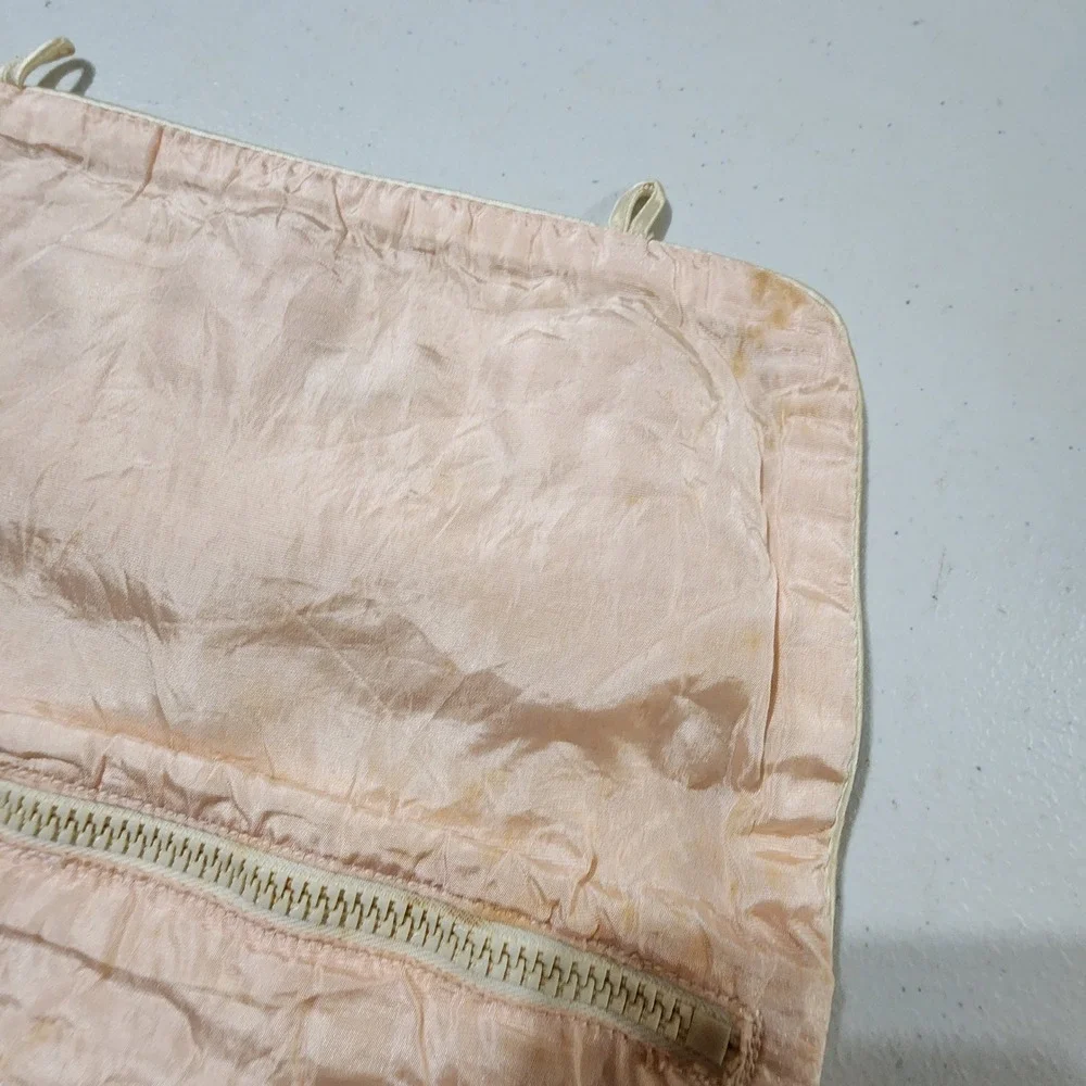Vintage Champagne Satin Embroidered Floral Jewelry Roll Travel Pouch Organizer
